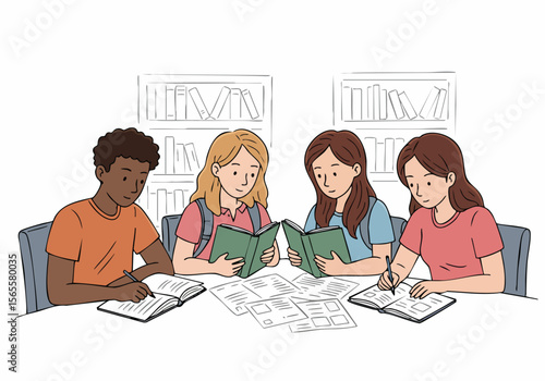 Diverse group of young students studying together in a library, reading books and writing notes.