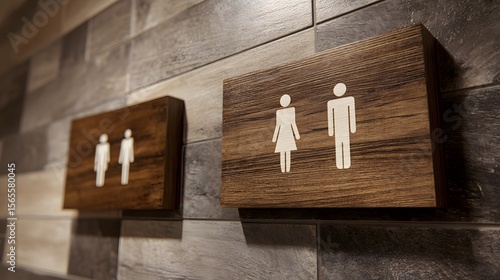 Intricate modern depiction of restroom signage with a wood-textured tile wall design clearly indicating gender facilities in a minimalist style