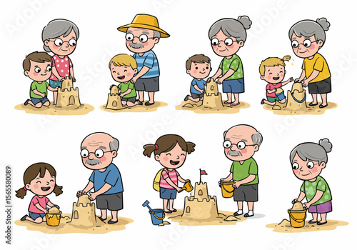 Happy Grandparents and Grandchildren Building Sandcastles on the Beach, Enjoying Summer Family Fun Together