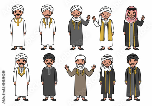 Set of illustrated Arabic men wearing traditional clothing and headwear, showcasing cultural diversity and styles of dress.