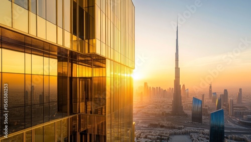 Dubai sunset with modern cityscape.