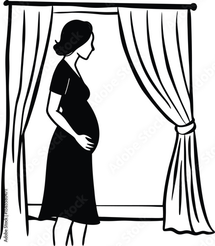 A Pregnant Woman Stands in Silhouette Before a Curtained Window, Awaiting Her Baby