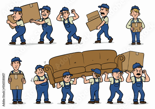 Cartoon illustration of movers carrying boxes and a couch, showing stress, effort, and teamwork during relocation or delivery.