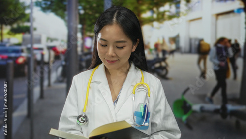 Foto Young chinese woman doctor in white uniform with stethoscope reading outdoors on
