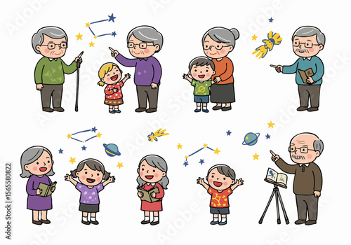 Cartoon illustration of grandparents and children learning about stars and space, depicting intergenerational learning and exploration.