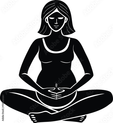 A black and white silhouette shows a pregnant woman sitting cross-legged, hands resting on her belly as she practices seated prenatal yoga meditation.