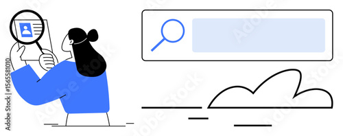 Woman examines user profile using magnifying glass next to search bar and cloud element. Ideal for recruitment, research, data analysis, SEO concepts, online tools, teamwork, simple landing page