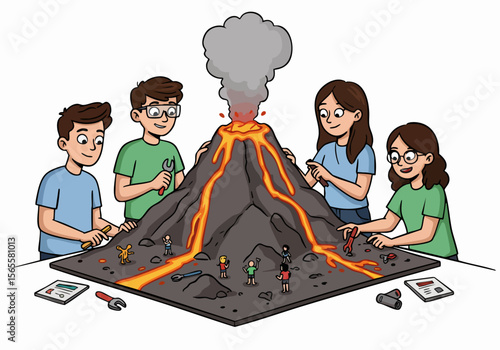 Group of children working on a science project, looking at a model of an erupting volcano with lava and smoke, learning about geology and volcanology.