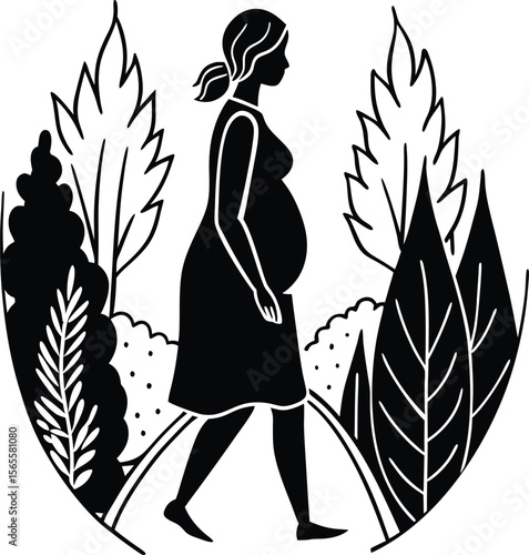 Pregnant Woman Walking in Nature A Black and White Illustration