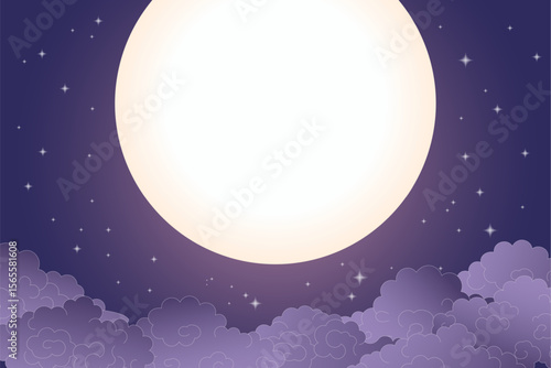 Moon, Asian clouds, stars, moonlit night sky background. Hand drawn vector illustration. Qixi, Mid Autumn Festival backdrop. Traditional Chinese, Japanese, Korean design elements