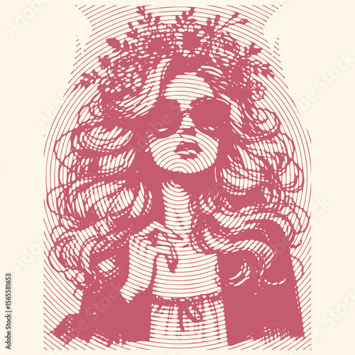 circle line halftone effect, red color woman with voluminous hair wearing stylish sunglasses and flowers crown