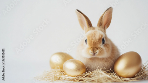  appearing to be a young one, sitting on a bed of hay or straw. In front of and around the bunny are three golden, reflective eggs