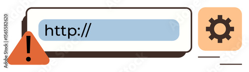 Web address bar with warning alert icon, gear symbol for settings. Ideal for website error, security issue, online settings, troubleshooting, maintenance, configuration, simple flat metaphor