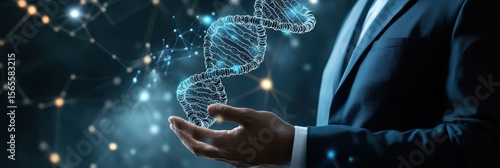 Entrepreneur Presenting a 3D Molecular Structure of Deoxyribonucleic Acid: A Conceptual Helix Design for Innovative Research