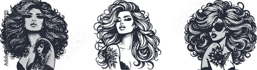 Glamorous Tattooed Woman with Voluminous Hair in Circle Line Halftone Style – Retro Beauty Ink Art Illustration Bundle for Posters, Prints, T-Shirts, Editorial, and Decor Use