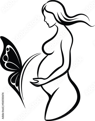 Elegant Line Art Illustration of Pregnant Woman and Butterfly