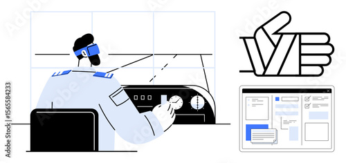 Pilot adjusting flight controls in cockpit with navigation virtual interface for data review and hand gesture symbolizing approval. Ideal for aviation, guidance, technology, decision-making