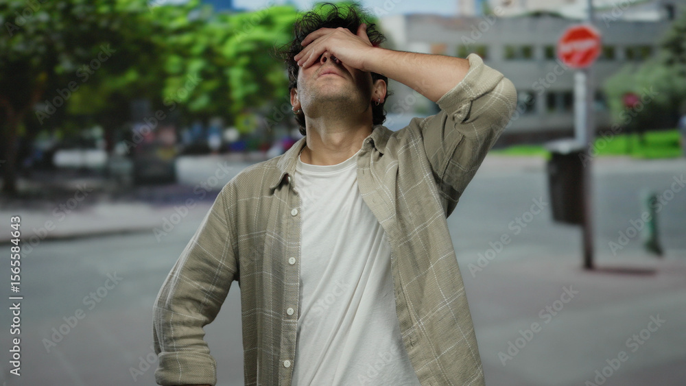 Fototapeta premium Man standing outdoors on a street with trees and buildings in the background covering his face with his hand.