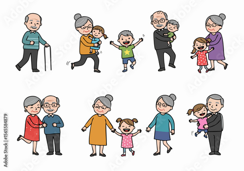 Collection of simple illustrations depicting grandparents interacting happily with their grandchildren in various poses and situations.