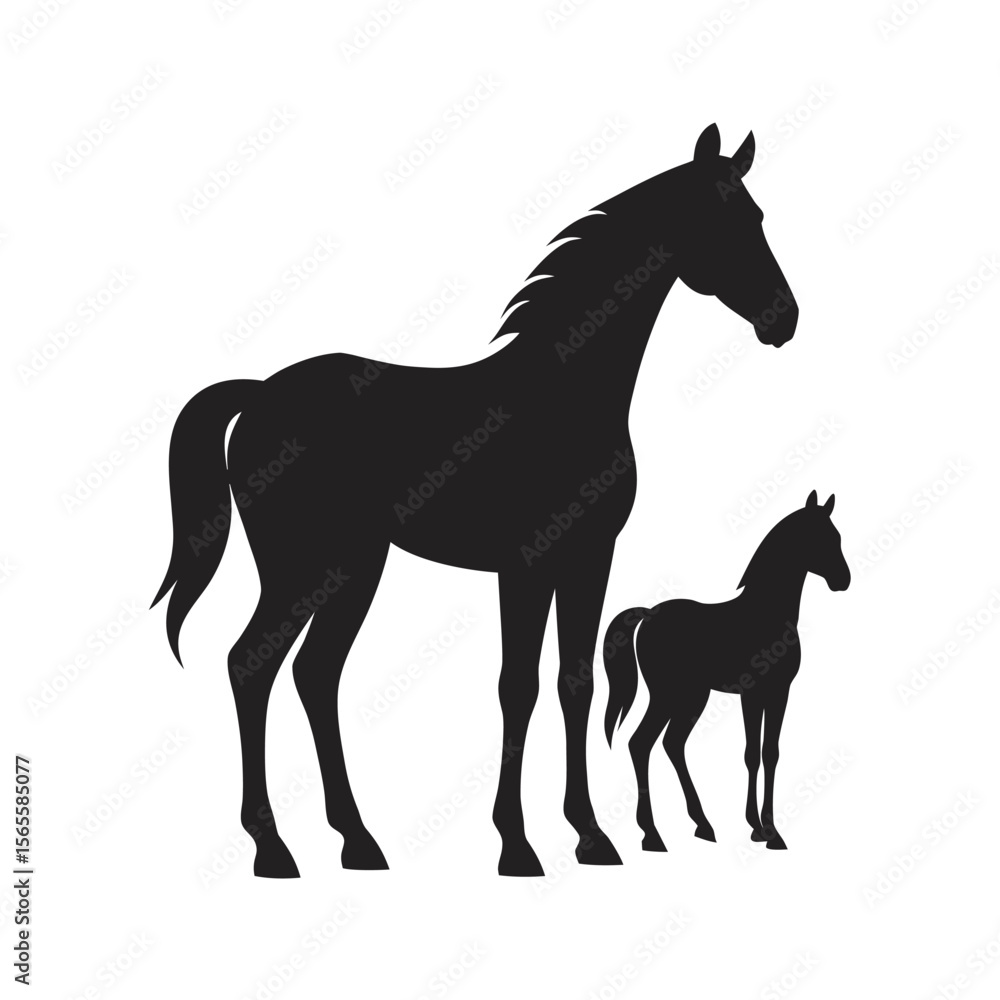 Fototapeta premium Silhouette Of Mare And Foal Together