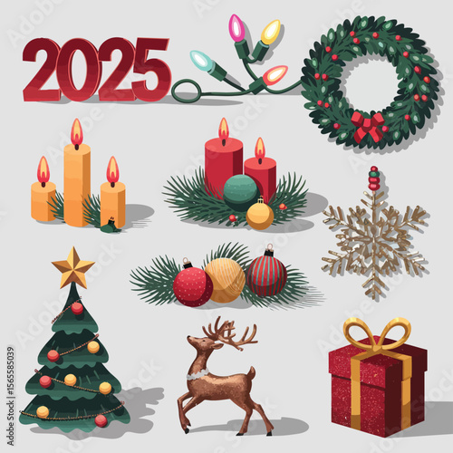 vector Happy New Year Celebrating 2025 in Latin letters , Christmas Decoration Items Santa Claus
