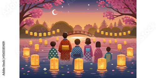 Obon Festival, Lantern, People in traditional kimonos gather during twilight for a floating lantern ceremony on the river, honoring spirits and ancestral remembrance