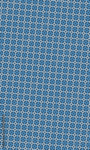 Contemporary geometric pattern features blue circles and white squares on a sophisticated background.