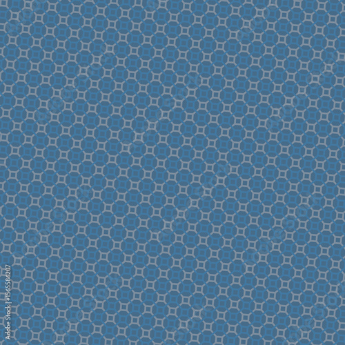 Stylish blue geometric pattern features a repeating grid of circles and squares providing a classic aesthetic.