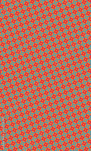 Repeating mosaic pattern creates a vibrant and dynamic background with red squares and contrasting teal circles, perfect for artistic designs.