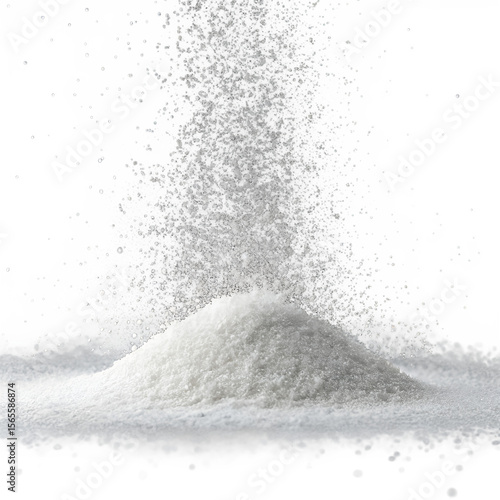 A pile of white sugar with sugar pouring down, isolated on transparent background
