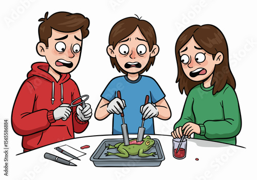 Cartoon illustration of three shocked and disgusted students performing a frog dissection during a school biology class experiment.