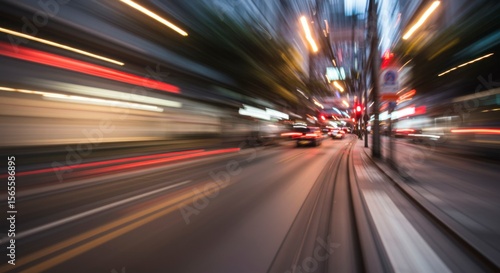 Fast-paced urban street scene at night.  Cars and lights blur in motion