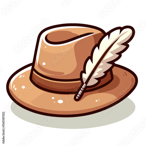 Brown fedora hat with white feather quill in vintage cartoon style. Perfect for historical costumes, literary arts themes, and traditional headwear illustrations.