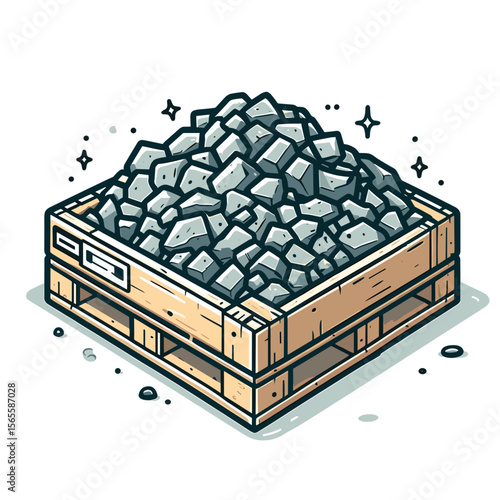 Wooden pallet with stack of gray stones or concrete blocks in cartoon style. Ideal for construction materials, building supplies, and industrial equipment catalogs.