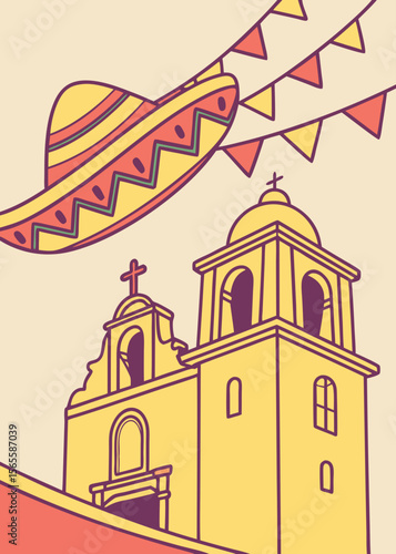 Fiesta celebration illustration, church, sombrero, bunting, for invitations