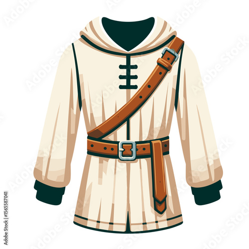 Medieval tunic with leather belt and cross emblem in ivory cartoon style. Perfect for historical reenactments, costume design or medieval-themed event illustrations.