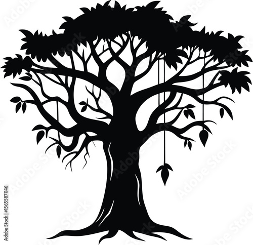 Silhouette of a Majestic Tree with Hanging Ornaments,  Festive Nature Decoration Illustration. new 2025 trendy.