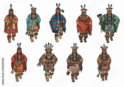 Stylized vector illustrations of Native American men in various traditional tribal regalia, depicting cultural dance or ceremony.