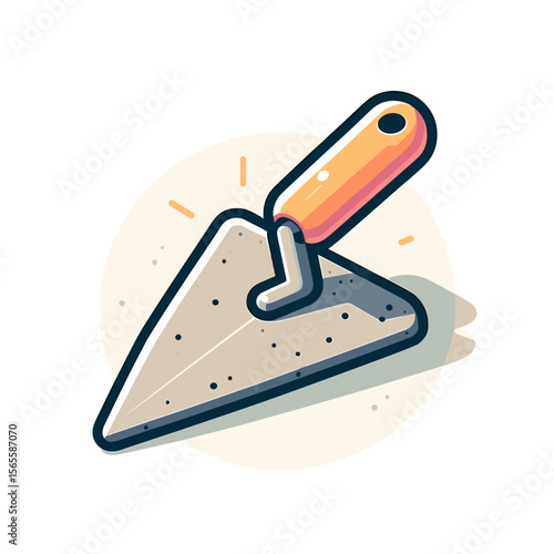 Masonry trowel with mortar in cartoon style on beige background. Ideal for construction tools, bricklaying equipment, and building trade educational materials.