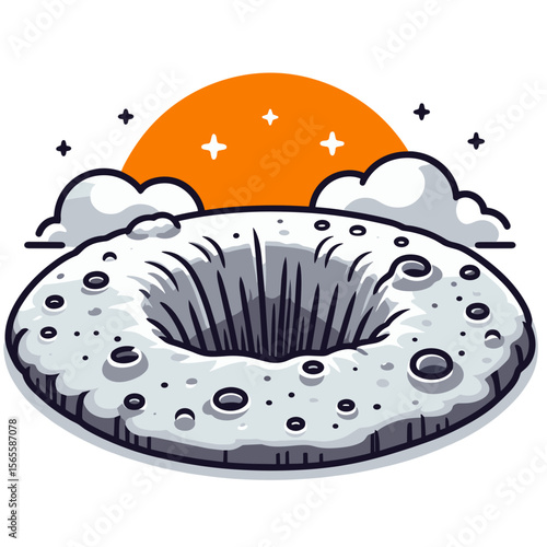 Volcanic crater with clouds and sunset in animated cartoon style. Ideal for geological education, natural landmark tourism or volcanic activity awareness illustrations.