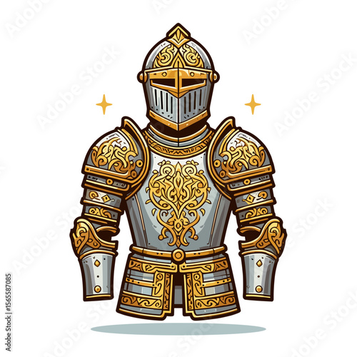Ornate golden knight armor with decorative patterns in royal cartoon style. Perfect for medieval tournaments, fantasy game character design or historical royal guard illustrations.