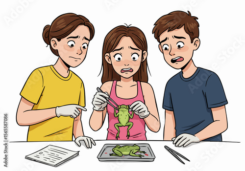 Students performing a frog dissection experiment in a biology class, looking scared and uncomfortable during the science lesson.