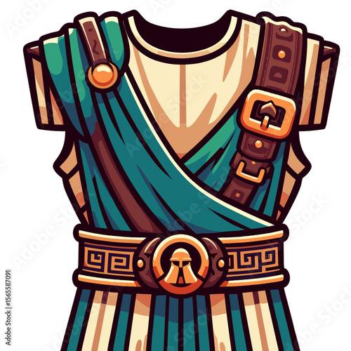 Roman toga costume with draped blue sash and medallion belt in historical cartoon style. Ideal for classical plays, ancient costume design or historical reenactment illustrations.