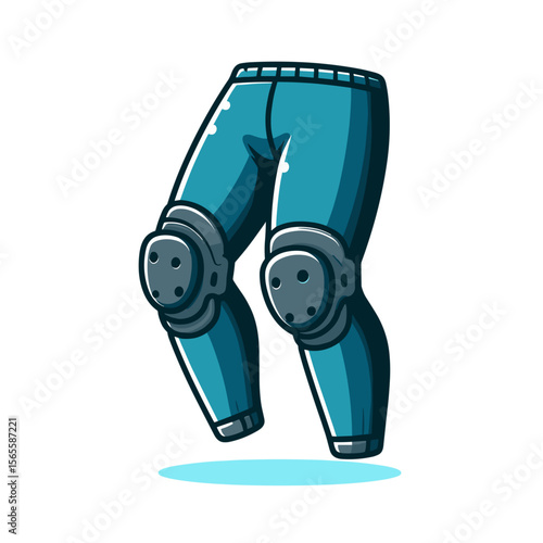 Blue denim jeans with knee pads in modern cartoon style. Perfect for casual fashion, protective sportswear or urban clothing collection illustrations.