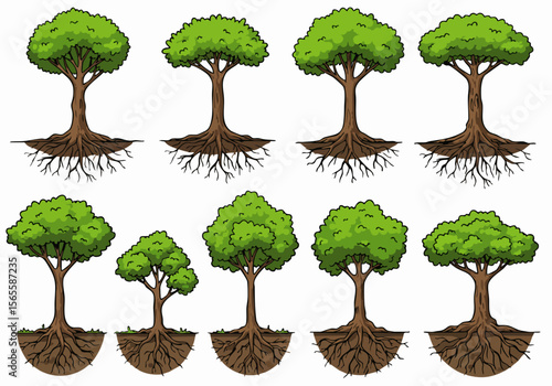 Cartoon illustration set of green trees with visible root systems on a white background