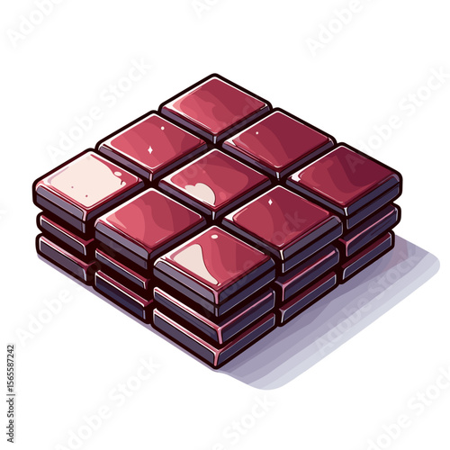Red chocolate bar stack in shiny cartoon style. Perfect for sweet treat advertising, dessert promotions or candy product packaging illustrations.