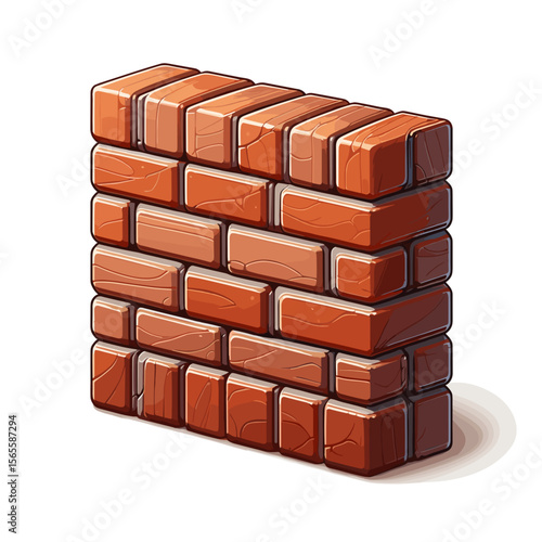 Red brick wall pattern in isometric cartoon style on white background. Ideal for construction materials, masonry illustrations, and architectural element design references.