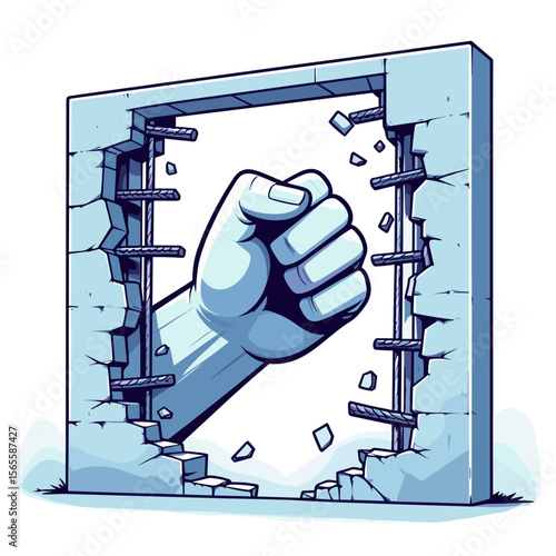 Fist breaking through concrete wall in dynamic cartoon style. Great for strength concepts, breakthrough moments or personal empowerment illustrations.