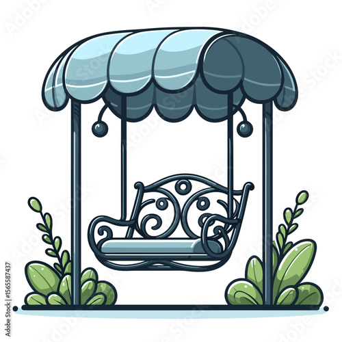 Garden swing bench with blue canopy and decorative elements in outdoor cartoon style. Perfect for garden furniture catalogs, patio design or relaxation space illustrations.