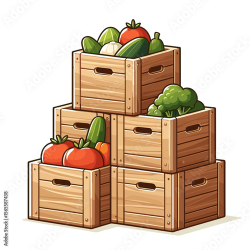 Stacked wooden crates with fresh vegetables in farmers market cartoon style. Perfect for organic produce, agricultural retail or local farm products illustrations.